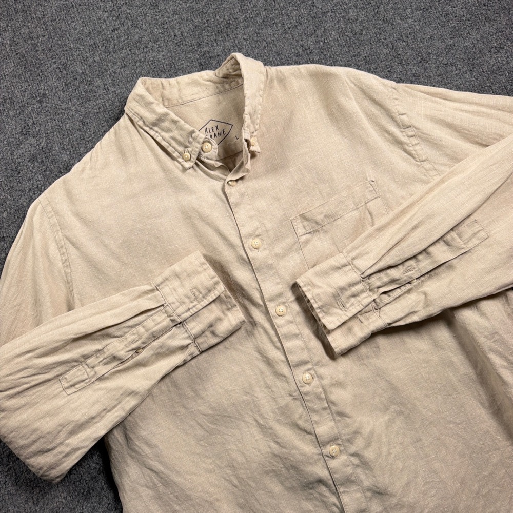 Alex Crane Button Down Shirt Mens Large Beige European Linen Long Sleeve USA